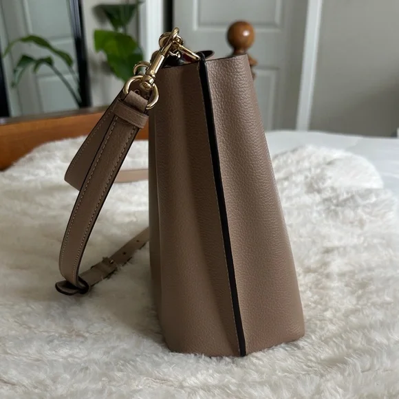 Coach Taupe Leather Crossbody Bucket Bag with Red Interior - Picture 7 of 15